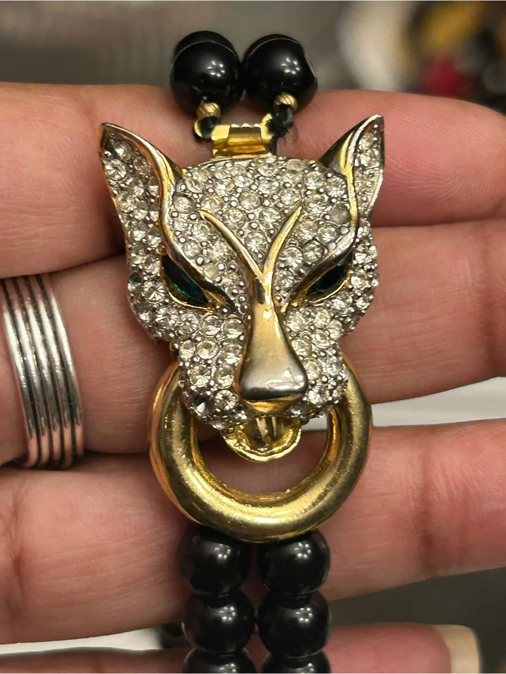 Vintage Rhinestone Green Eyes Panther with Black Beaded Double-Strand Necklace